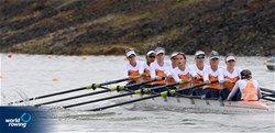 Benthe Charlotte Gezineke Boonstra (b), Laila Youssifou, Hermine Catherine Drenth, Marloes Oldenburg, Roos De Jong, Tinka Eline Offereins, Ymkje Clevering, Veronique Meester (s), Aniek Van Veenen (c), Women's Eight, Netherlands, 2022 World Rowing Championships, Racice, Czech Republic / Detlev Seyb/MyRowingPhoto.com