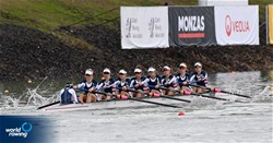 Claire Collins (b), Madeleine Wanamaker, Charlotte Buck, Jessica Thoennes, Regina Salmons, Alina Hagstrom, Kelsey Reelick, Molly Bruggeman (s), Hannah Broadland (c), Women's Eight, United States of America, 2022 World Rowing Championships, Racice, Czech Republic / Detlev Seyb/MyRowingPhoto.com