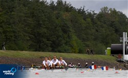 Emma Cornelis (b), Adele Brosse, Julie Voirin, Maya Cornut (s), Women's Four, France, 2022 World Rowing Championships, Racice, Czech Republic / Maren Derlien/MyRowingPhoto.com