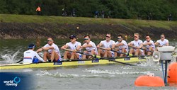 Rory Gibbs (b), Morgan Bolding, David Bewicke-Copley, Sholto Carnegie, Charles Elwes, Thomas Digby, James Rudkin, Tom Ford (s), Harry Brightmore (c), Men's Eight, Great Britain, 2022 World Rowing Championships, Racice, Czech Republic / Detlev Seyb/MyRowingPhoto.com