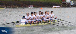 Rory Gibbs (b), Morgan Bolding, David Bewicke-Copley, Sholto Carnegie, Charles Elwes, Thomas Digby, James Rudkin, Tom Ford (s), Harry Brightmore (c), Men's Eight, Great Britain, 2022 World Rowing Championships, Racice, Czech Republic / Detlev Seyb/MyRowingPhoto.com
