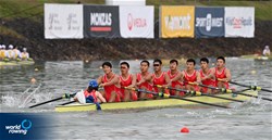 Wenlei Li (b), Gaoxing Ji, Ruihao Su, Wei Liu, Binghui Cui, Yi Lyu, Qiao Xu, Yincen Meng (s), Wenli Lyu (c), Men's Eight, People's Republic of China, 2022 World Rowing Championships, Racice, Czech Republic / Detlev Seyb/MyRowingPhoto.com