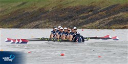 Nicholas Rusher (b), Alexander Karwoski, Michael Clougher, Liam Corrigan, Michael Knippen, Andrew Gaard, Christopher Carlson, Pieter Quinton (s), James Catalano (c), Men's Eight, United States of America, 2022 World Rowing Championships, Racice, Czech Republic / Detlev Seyb/MyRowingPhoto.com