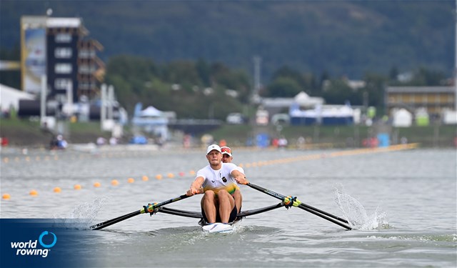 Armandas Kelmelis (b), Dovydas Nemeravicius (s), Men's Double Sculls, Lithuania, 2022 World Rowing Championships, Racice, Czech Republic / Detlev Seyb/MyRowingPhoto.com