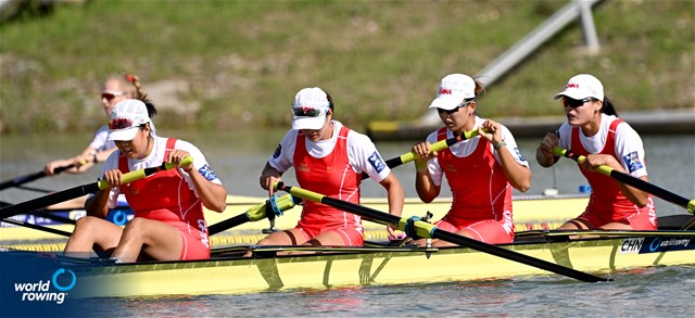 Shuxian Zhang (b), Xiaoxin Liu, Zifeng Wang, Xingye Xu (s), Women's Four, People's Republic of China, 2022 World Rowing Championships, Racice, Czech Republic / Detlev Seyb/MyRowingPhoto.com