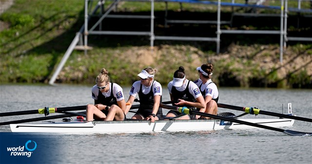 Catherine Layburn (b), Davina Waddy, Beth Ross, Phoebe Spoors (s), Women's Four, New Zealand, 2022 World Rowing Championships, Racice, Czech Republic / Detlev Seyb/MyRowingPhoto.com