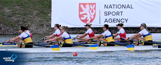 Daryna Verkhogliad (b), Nataliya Dovgodko, Kateryna Dudchenko, Yevheniia Dovhodko (s), Women's Quadruple Sculls, Ukraine, 2022 World Rowing Championships, Racice, Czech Republic / Detlev Seyb/MyRowingPhoto.com