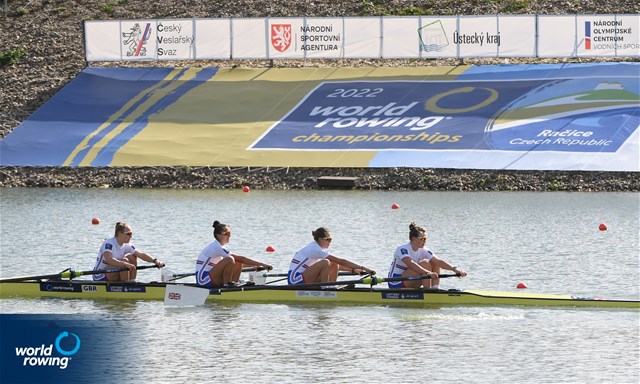 Heidi Long (b), Rowan Mckellar, Samantha Redgrave, Rebecca Shorten (s), Women's Four, Great Britain, 2022 World Rowing Championships, Racice, Czech Republic / Maren Derlien/MyRowingPhoto.com