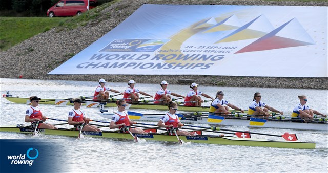Salome Ulrich (b), Lisa Loetscher, Pascale Walker, Celia Dupre (s), Women's Quadruple Sculls, Switzerland, 2022 World Rowing Championships, Racice, Czech Republic / Maren Derlien/MyRowingPhoto.com