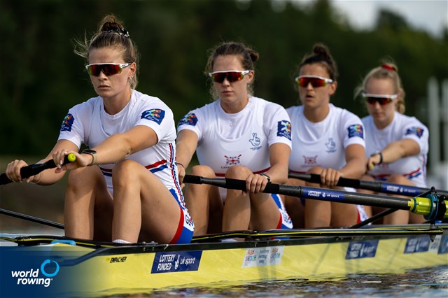 Heidi Long (b), Rowan Mckellar, Samantha Redgrave, Rebecca Shorten (s), Women's Four, Great Britain, 2022 World Rowing Championships, Racice, Czech Republic / World Rowing/Benedict Tufnell