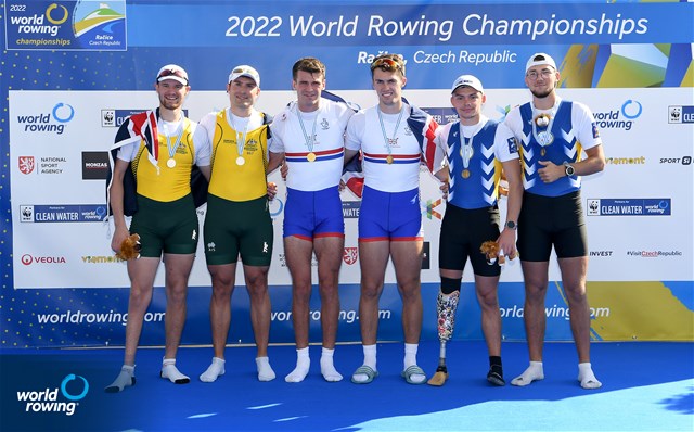 Oliver Stanhope (b), Edward Fuller (s), PR3 Men's Pair, Great Britain, Gold, Nicholas Neales (b), Thomas Birtwhistle (s), Australia, Silver, Andrii Syvykh (b), Dmytro Herez (s), Ukraine, Bronze, 2022 World Rowing Championships, Racice, Czech Republic / Detlev Seyb/MyRowingPhoto.com