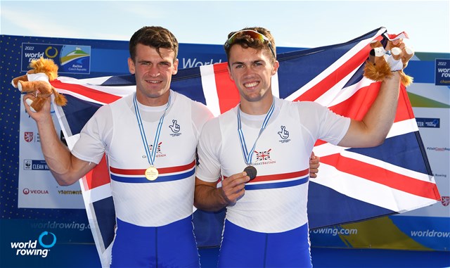 Oliver Stanhope (b), Edward Fuller (s), PR3 Men's Pair, Great Britain, Gold, 2022 World Rowing Championships, Racice, Czech Republic / Detlev Seyb/MyRowingPhoto.com