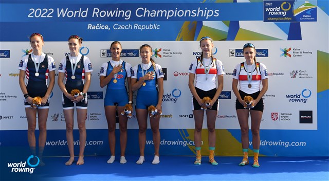 Maria Zerboni (b), Samantha Premerl (s), Lightweight Women's Pair, Italy, Gold, Solveig Imsdahl (b), Elaine Tierney (s), United States of America, Silver, Sophia Wolf (b), Eva Hohoff (s), Germany, Bronze, 2022 World Rowing Championships, Racice, Czech Republic / Detlev Seyb/MyRowingPhoto.com