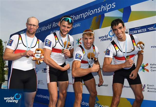 Johannes Ursprung (b), Simon Klueter, Fabio Kress, Joachim Agne (s), Lightweight Men's Quadruple Sculls, Germany, Bronze, 2022 World Rowing Championships, Racice, Czech Republic / Detlev Seyb/MyRowingPhoto.com