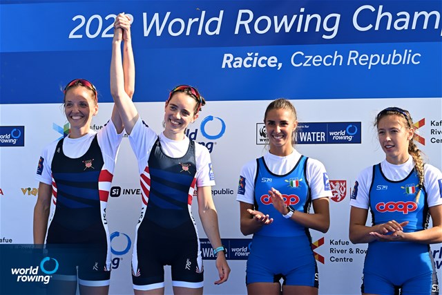 Maria Zerboni (b), Samantha Premerl (s), Lightweight Women's Pair, Italy, Gold, Solveig Imsdahl (b), Elaine Tierney (s), United States of America, Silver, 2022 World Rowing Championships, Racice, Czech Republic / Detlev Seyb/MyRowingPhoto.com