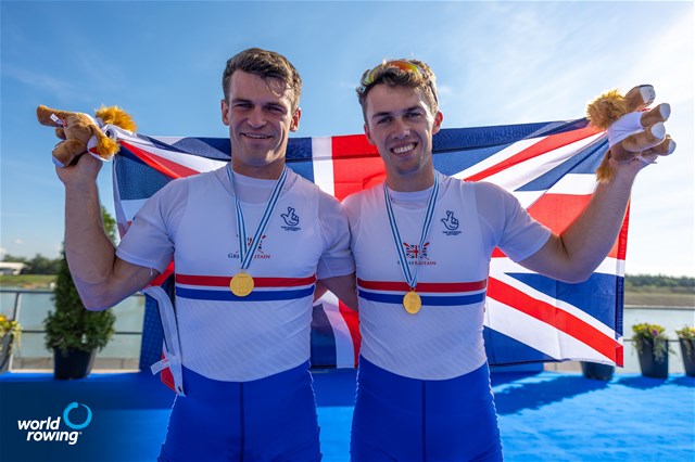 Oliver Stanhope (b), Edward Fuller (s), PR3 Men's Pair, Great Britain, Gold, 2022 World Rowing Championships, Racice, Czech Republic / World Rowing/Benedict Tufnell