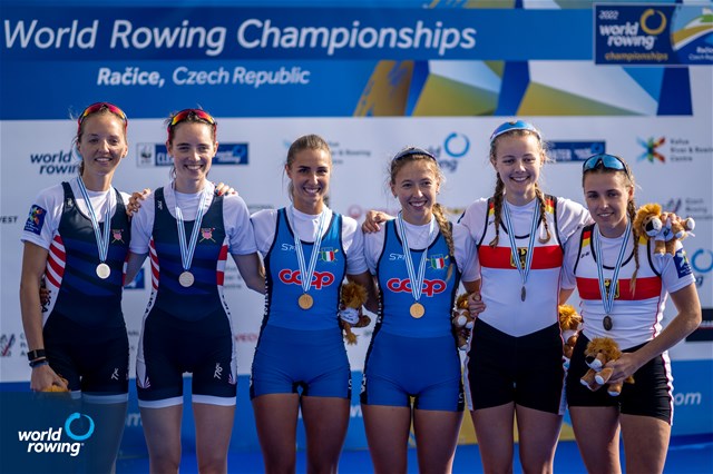 Maria Zerboni (b), Samantha Premerl (s), Lightweight Women's Pair, Italy, Gold, Solveig Imsdahl (b), Elaine Tierney (s), United States of America, Silver, Sophia Wolf (b), Eva Hohoff (s), Germany, Bronze, 2022 World Rowing Championships, Racice, Czech Republic / World Rowing/Benedict Tufnell