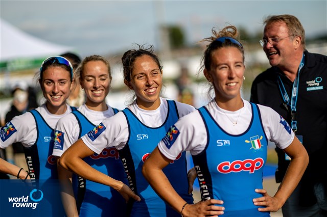 Giulia Mignemi (b), Ilaria Corazza, Silvia Crosio, Arianna Noseda (s), Lightweight Women's Quadruple Sculls, Italy, Gold, 2022 World Rowing Championships, Racice, Czech Republic / World Rowing/Benedict Tufnell