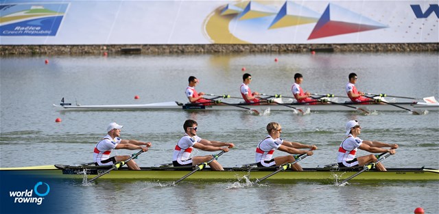 Johannes Ursprung (b), Simon Klueter, Fabio Kress, Joachim Agne (s), Lightweight Men's Quadruple Sculls, Germany, 2022 World Rowing Championships, Racice, Czech Republic / Detlev Seyb/MyRowingPhoto.com