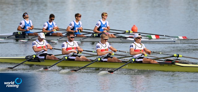 Johannes Ursprung (b), Simon Klueter, Fabio Kress, Joachim Agne (s), Lightweight Men's Quadruple Sculls, Germany, 2022 World Rowing Championships, Racice, Czech Republic / Detlev Seyb/MyRowingPhoto.com
