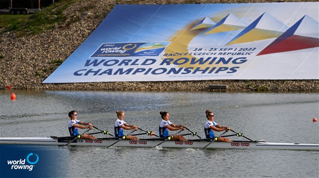 Giulia Mignemi (b), Ilaria Corazza, Silvia Crosio, Arianna Noseda (s), Lightweight Women's Quadruple Sculls, Italy, 2022 World Rowing Championships, Racice, Czech Republic / Detlev Seyb/MyRowingPhoto.com
