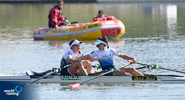 Katharina Lobnig (b), Magdalena Lobnig (s), Women's Double Sculls, Austria, 2022 World Rowing Championships, Racice, Czech Republic / Detlev Seyb/MyRowingPhoto.com