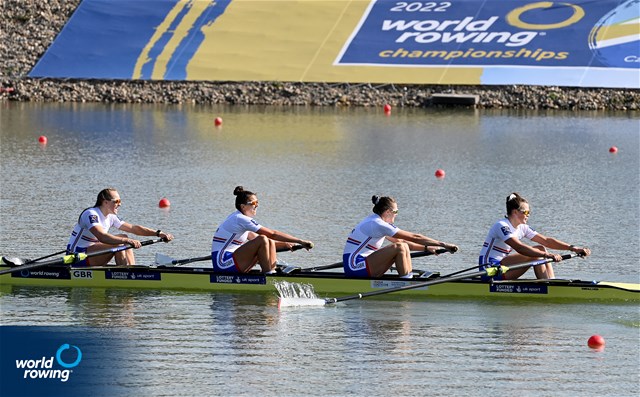 Heidi Long (b), Rowan Mckellar, Samantha Redgrave, Rebecca Shorten (s), Women's Four, Great Britain, 2022 World Rowing Championships, Racice, Czech Republic / Detlev Seyb/MyRowingPhoto.com