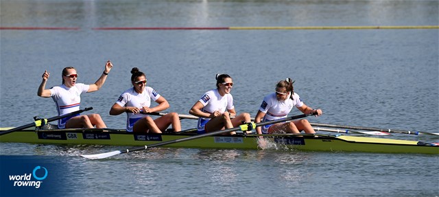 Heidi Long (b), Rowan Mckellar, Samantha Redgrave, Rebecca Shorten (s), Women's Four, Great Britain, 2022 World Rowing Championships, Racice, Czech Republic / Detlev Seyb/MyRowingPhoto.com