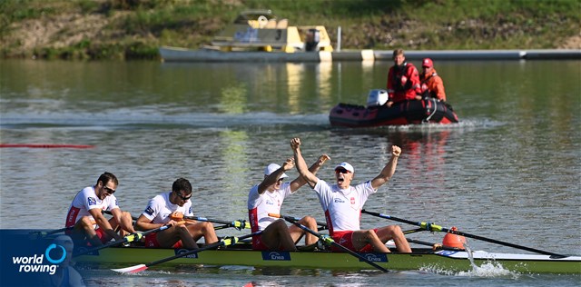 Dominik Czaja (b), Mateusz Biskup, Miroslaw Zietarski, Fabian Baranski (s), Men's Quadruple Sculls, Poland, 2022 World Rowing Championships, Racice, Czech Republic / Detlev Seyb/MyRowingPhoto.com
