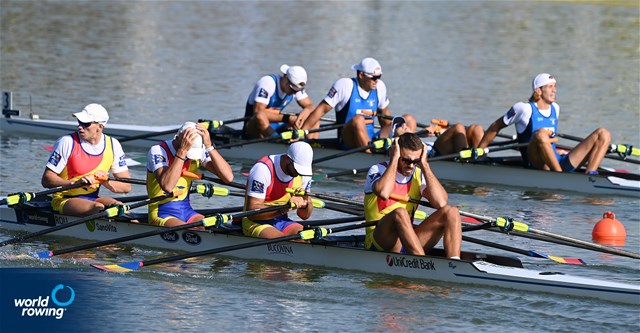 Mihai Chiruta (b), Ciprian Tudosa, Ioan Prundeanu, Marian Enache (s), Men's Quadruple Sculls, Romania, 2022 World Rowing Championships, Racice, Czech Republic / Detlev Seyb/MyRowingPhoto.com
