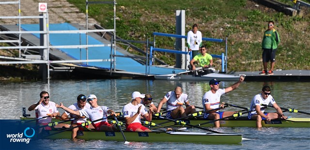 Dominik Czaja (b), Mateusz Biskup, Miroslaw Zietarski, Fabian Baranski (s), Men's Quadruple Sculls, Poland, 2022 World Rowing Championships, Racice, Czech Republic / Detlev Seyb/MyRowingPhoto.com