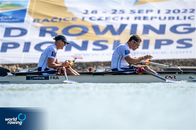 Perle Bouge (b), Stephane Tardieu (s), PR2 Mixed double sculls, France, 2022 World Rowing Championships, Racice, Czech Republic / World Rowing/Benedict Tufnell