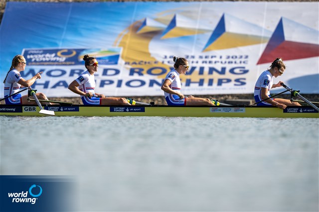 Heidi Long (b), Rowan Mckellar, Samantha Redgrave, Rebecca Shorten (s), Women's Four, Great Britain, 2022 World Rowing Championships, Racice, Czech Republic / World Rowing/Benedict Tufnell