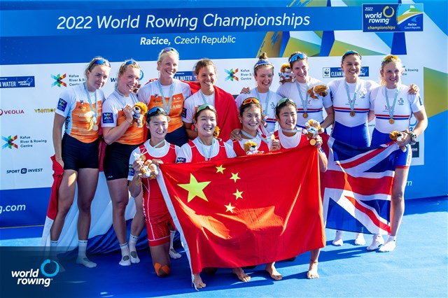 Yunxia Chen (b), Ling Zhang, Yang Lyu, Xiaotong Cui (s), Women's Quadruple Sculls, People's Republic of China, Gold, 2022 World Rowing Championships, Racice, Czech Republic / World Rowing/Benedict Tufnell
