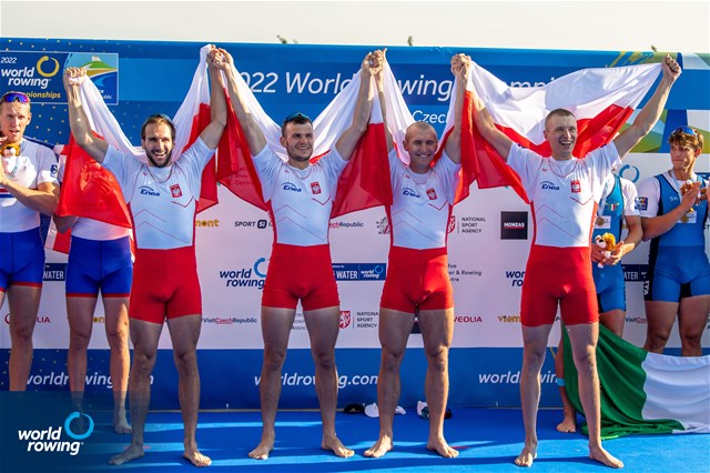 Dominik Czaja (b), Mateusz Biskup, Miroslaw Zietarski, Fabian Baranski (s), Men's Quadruple Sculls, Poland, 2022 World Rowing Championships, Racice, Czech Republic / World Rowing/Benedict Tufnell