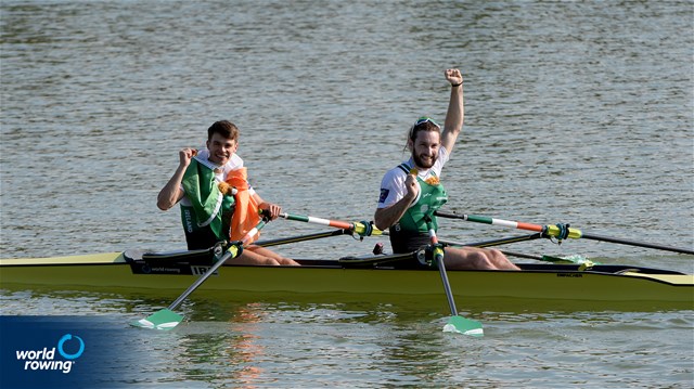 Fintan Mc Carthy (b), Paul O'Donovan (s), Lightweight Men's Double Sculls, Ireland, Gold, 2022 World Rowing Championships, Racice, Czech Republic / Maren Derlien/MyRowingPhoto.com