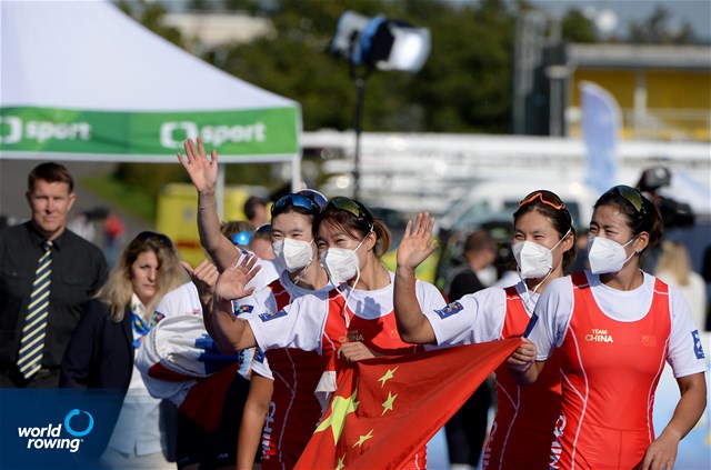 Yunxia Chen (b), Ling Zhang, Yang Lyu, Xiaotong Cui (s), Women's Quadruple Sculls, People's Republic of China, Gold, 2022 World Rowing Championships, Racice, Czech Republic / Maren Derlien/MyRowingPhoto.com