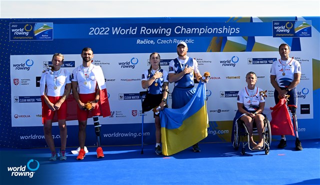 Svitlana Bohuslavska (b), Iaroslav Koiuda (s), PR2 Mixed double sculls, Ukraine, Gold, Jolanta Majka (b), Michal Gadowski (s), Poland, Silver, Perle Bouge (b), Stephane Tardieu (s), France, Bronze, 2022 World Rowing Championships, Racice, Czech Republic / Detlev Seyb/MyRowingPhoto.com