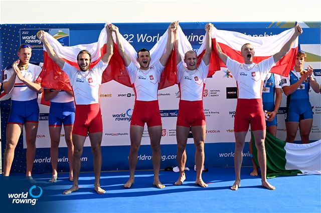 Dominik Czaja (b), Mateusz Biskup, Miroslaw Zietarski, Fabian Baranski (s), Men's Quadruple Sculls, Poland, Gold, 2022 World Rowing Championships, Racice, Czech Republic / Detlev Seyb/MyRowingPhoto.com