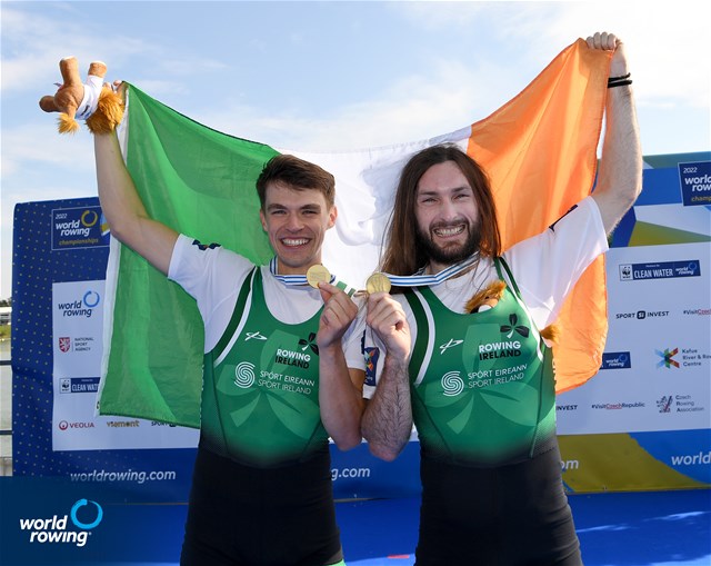 Fintan Mc Carthy (b), Paul O'Donovan (s), Lightweight Men's Double Sculls, Ireland, Gold, 2022 World Rowing Championships, Racice, Czech Republic / Detlev Seyb/MyRowingPhoto.com
