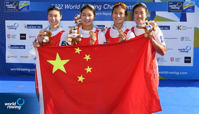 Yunxia Chen (b), Ling Zhang, Yang Lyu, Xiaotong Cui (s), Women's Quadruple Sculls, People's Republic of China, Gold, 2022 World Rowing Championships, Racice, Czech Republic / Detlev Seyb/MyRowingPhoto.com
