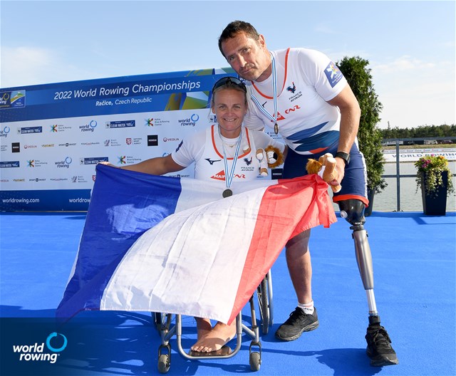 Perle Bouge (b), Stephane Tardieu (s), PR2 Mixed double sculls, France, Bronze, 2022 World Rowing Championships, Racice, Czech Republic / Detlev Seyb/MyRowingPhoto.com