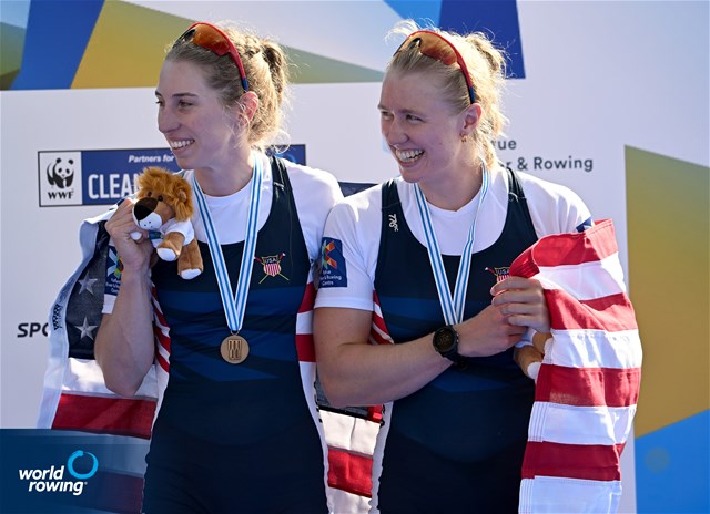 Madeleine Wanamaker (b), Claire Collins (s), Women's Pair, United States of America, Bronze, 2022 World Rowing Championships, Racice, Czech Republic / Detlev Seyb/MyRowingPhoto.com