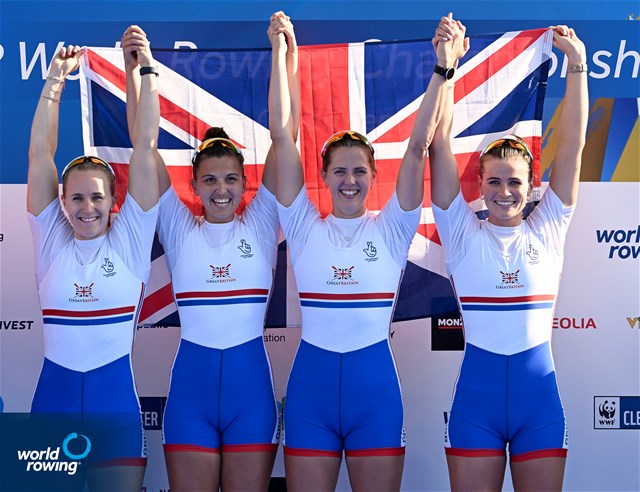 Heidi Long (b), Rowan Mckellar, Samantha Redgrave, Rebecca Shorten (s), Women's Four, Great Britain, Gold, 2022 World Rowing Championships, Racice, Czech Republic / Detlev Seyb/MyRowingPhoto.com