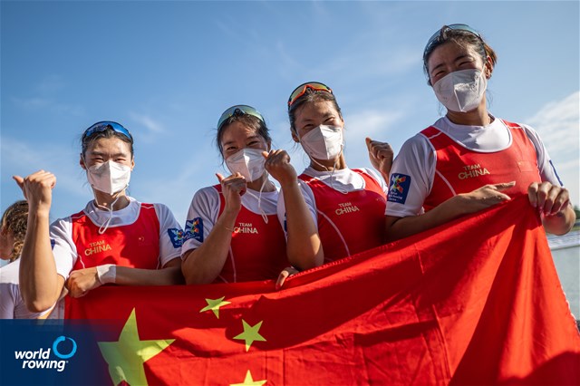 Yunxia Chen (b), Ling Zhang, Yang Lyu, Xiaotong Cui (s), Women's Quadruple Sculls, People's Republic of China, Gold, 2022 World Rowing Championships, Racice, Czech Republic / World Rowing/Benedict Tufnell