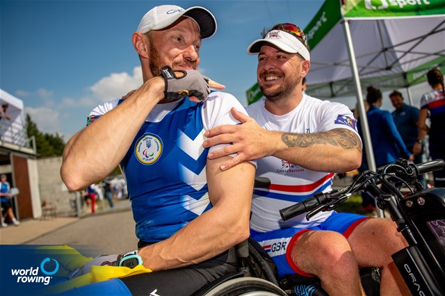 Roman Polianskyi, PR1 Mens Single Sculls, Ukraine, Gold, Benjamin Pritchard, Great Britain, Bronze, 2022 World Rowing Championships, Racice, Czech Republic / World Rowing/Benedict Tufnell