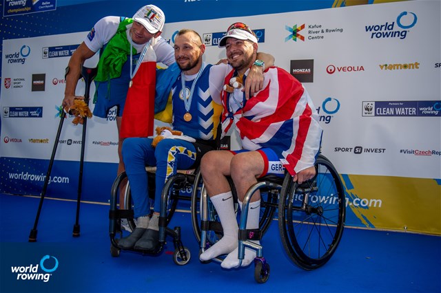 Roman Polianskyi, PR1 Mens Single Sculls, Ukraine, Gold, Giacomo Perini, Italy, Silver, Benjamin Pritchard, Great Britain, Bronze, 2022 World Rowing Championships, Racice, Czech Republic / World Rowing/Benedict Tufnell