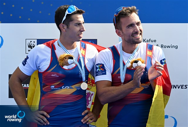 Aleix Garci Garcia Pujolar (b), Rodrigo Conde Romero (s), Men's Double Sculls, Spain, Silver, 2022 World Rowing Championships, Racice, Czech Republic / Detlev Seyb/MyRowingPhoto.com