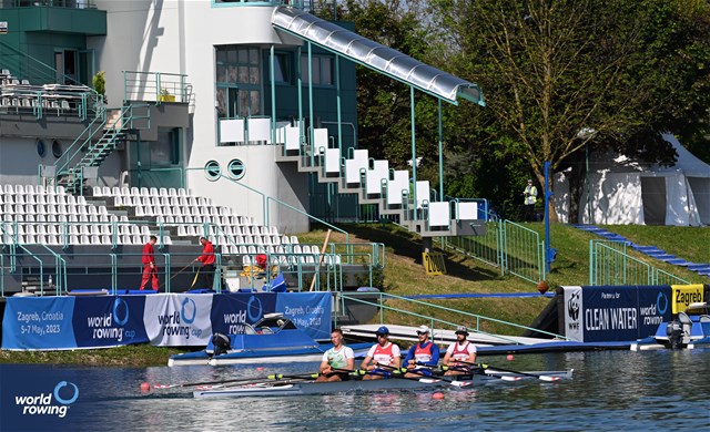 Karlo Borkovic (b), Davor Poljancic, Roko Boskovic, Fran Suk (s), Men's Quadruple Sculls, Croatia, 2023 World Rowing Cup I, Zagreb, Croatia © Detlev Seyb / MyRowingPhoto.com