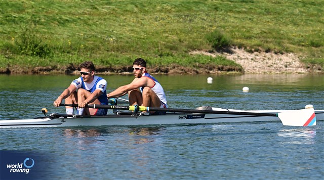Martin Mackovic (b), Milos Vasic (s), Men's Pair, Serbia, 2023 World Rowing Cup I, Zagreb, Croatia © Detlev Seyb / MyRowingPhoto.com
